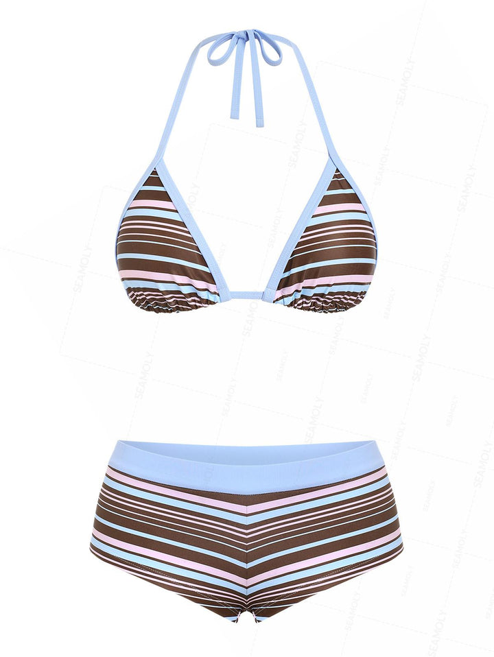Seamolly Striped Contrast Binding Cheeky Boyshorts Bikini Set