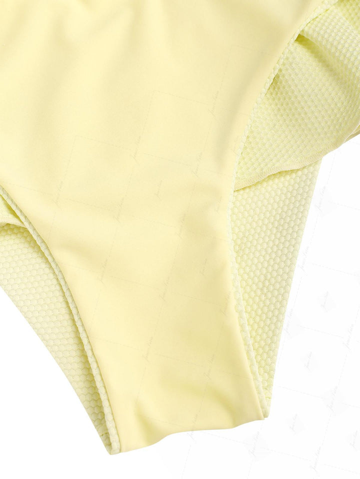 Light Yellow Textured Knit Fabric Smocked Ruffles Peplum Swim Skirt Bikini Bottom