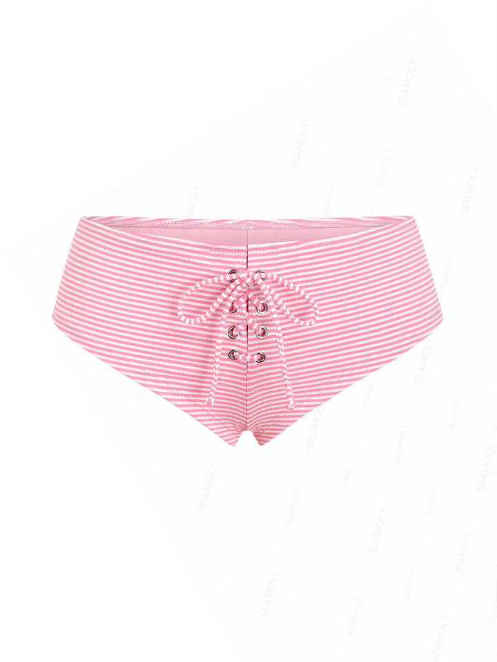Seamolly Striped Grommet Lace Up Bikini Bottom Cheeky Swim Boyshorts