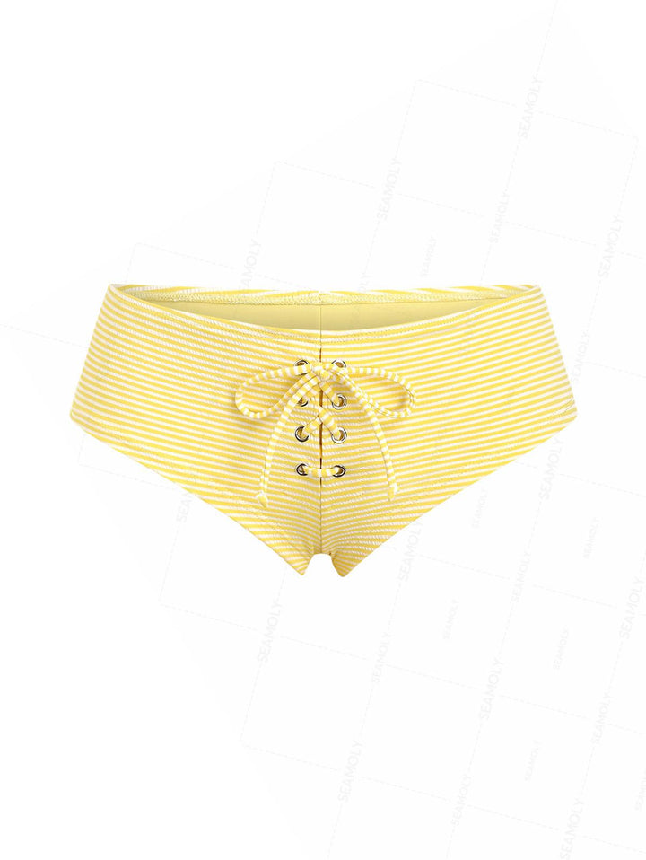 Seamolly Striped Grommet Lace Up Bikini Bottom Cheeky Swim Boyshorts
