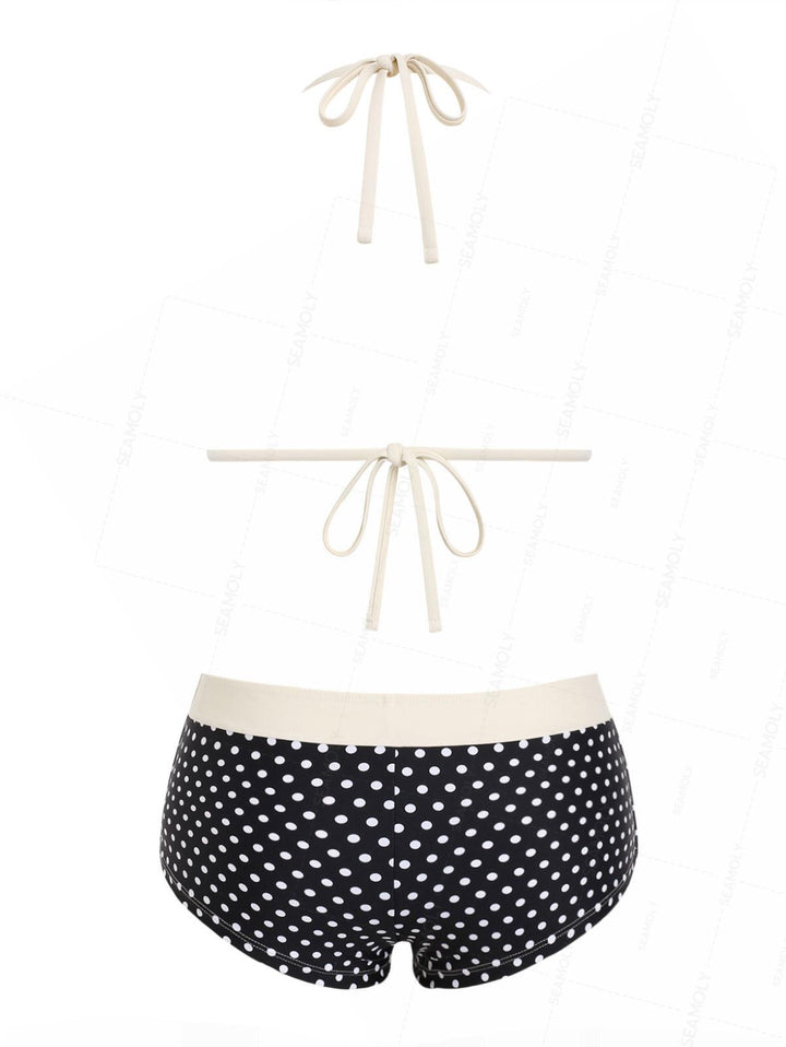 Seamolly Polka Dot Lace Bowknot Cheeky Boyshorts Bikini Set