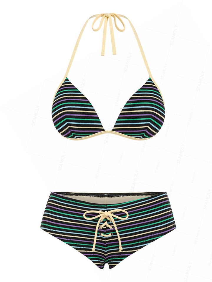 Seamolly Y2K Striped Push Up Top & Cheeky Boyshorts Bikini Set