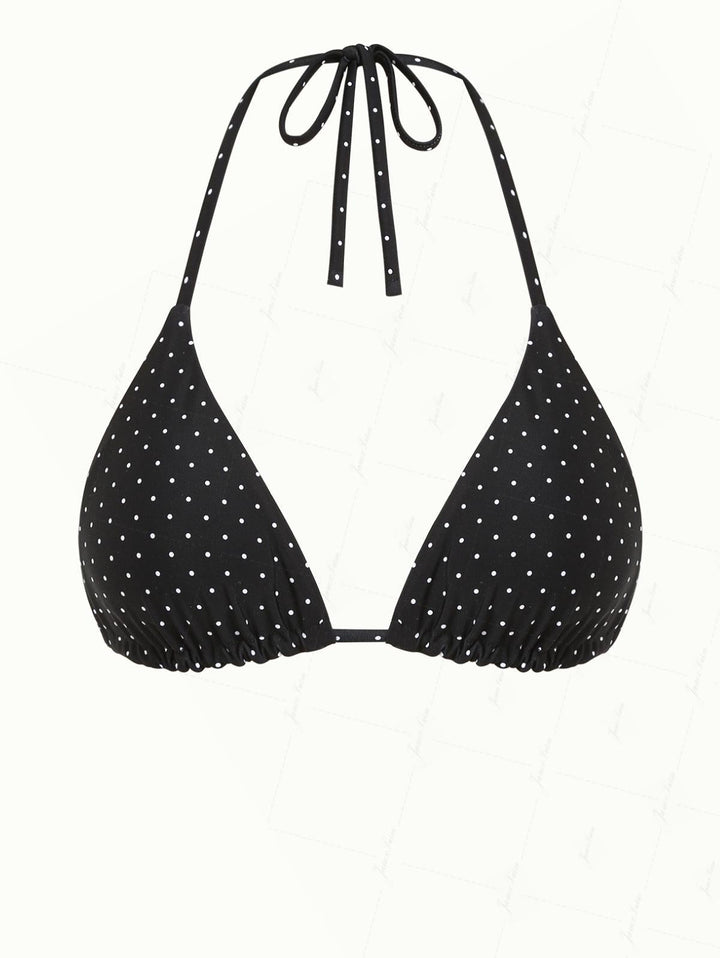 Black Polka Dot Print Halter Triangle Reversible Bikini Top