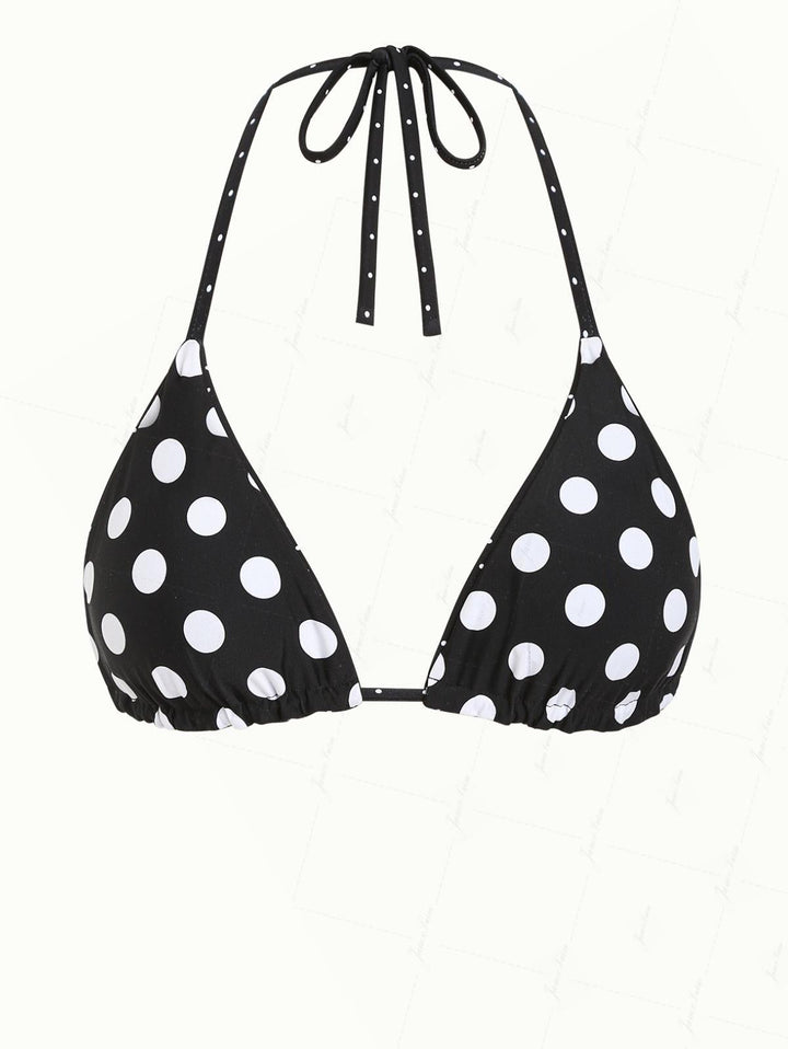 Black Polka Dot Print Halter Triangle Reversible Bikini Top