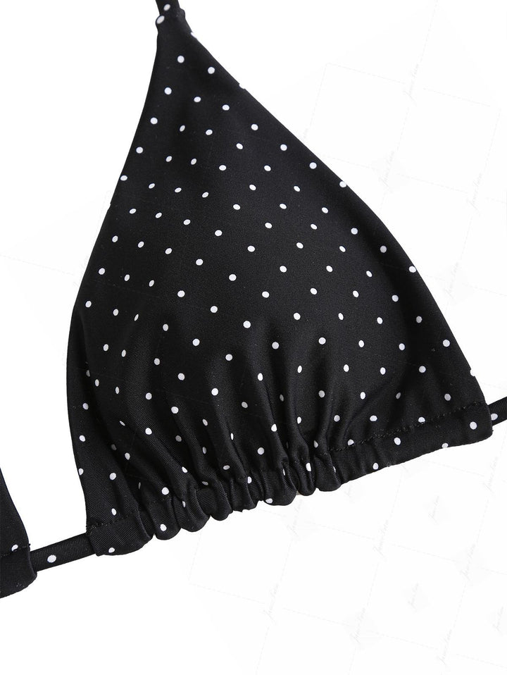 Black Polka Dot Print Halter Triangle Reversible Bikini Set