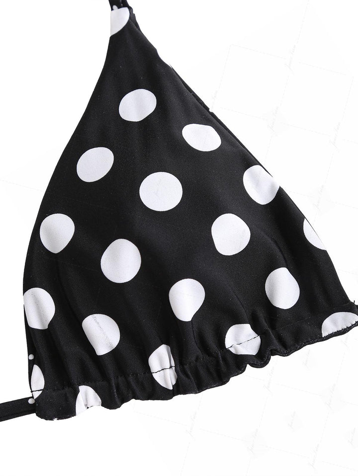 Black Polka Dot Print Halter Triangle Reversible Bikini Set