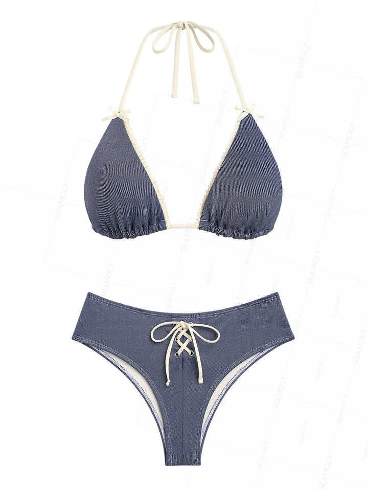 Seamolly Vintage Denim Grommet Lace Up Half-covered Bikini Set