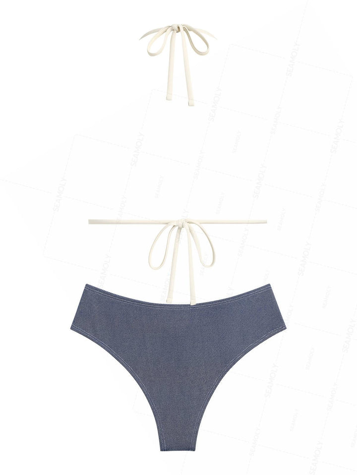Seamolly Vintage Denim Grommet Lace Up Half-covered Bikini Set