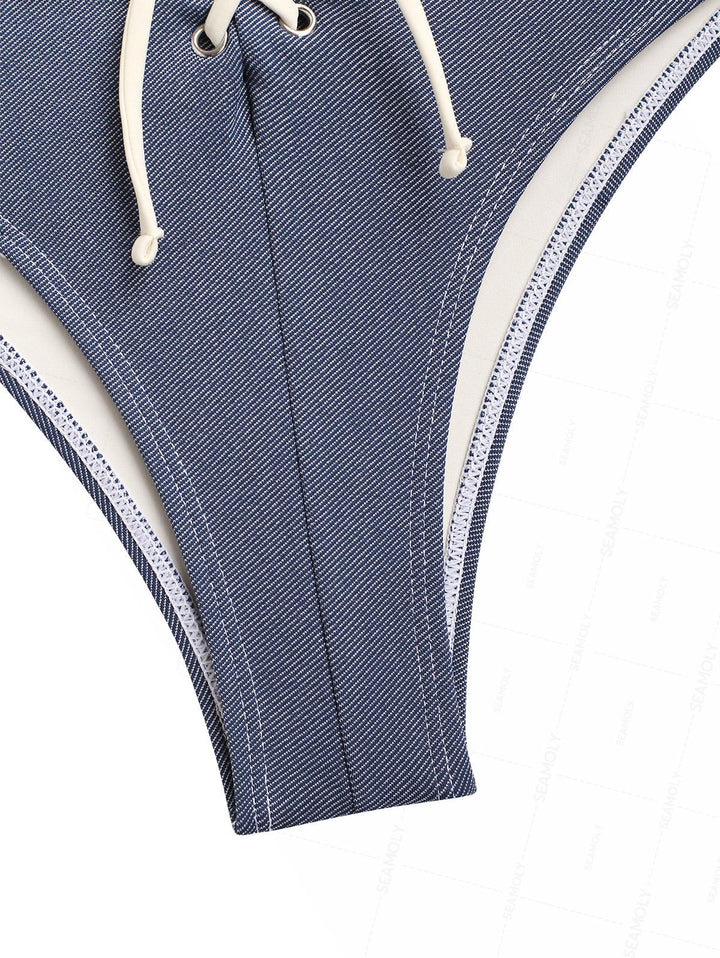 Seamolly Vintage Denim Grommet Lace Up Half-covered Bikini Set