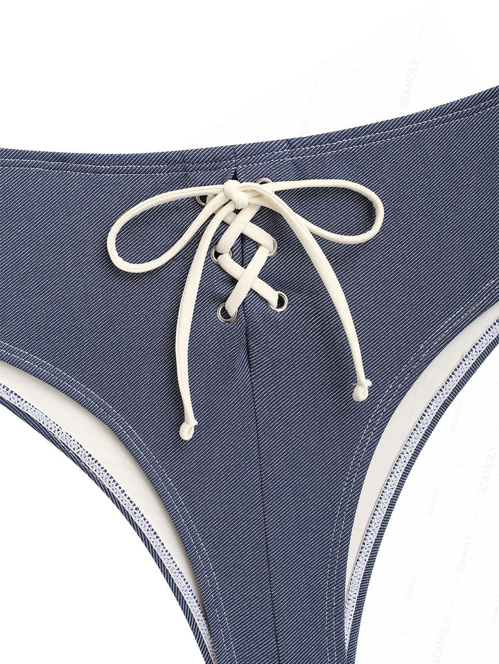 Seamolly Vintage Denim Grommet Lace Up Half-covered Bikini Set