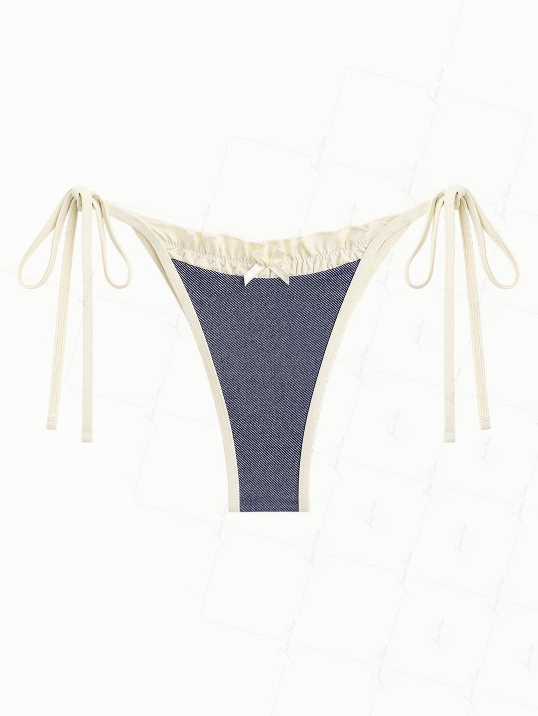 Deep Blue Denim Ruched Ruffles Contrast Binding Cheeky Brazilian Bikini Bottom