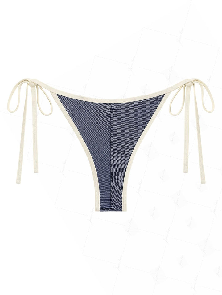 Deep Blue Denim Ruched Ruffles Contrast Binding Cheeky Brazilian Bikini Bottom