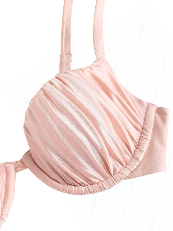 Seamolly Satin Ruched Underwire Push Up Top & Cheeky Brazilian Bottom Bikini Set