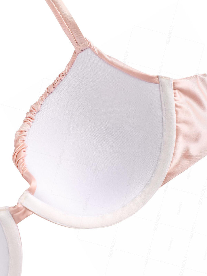 Seamolly Satin Ruched Underwire Push Up Top & Cheeky Brazilian Bottom Bikini Set