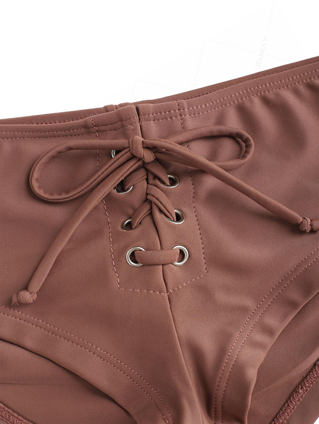 Seamolly Solid Color Grommet Lace Up Bikini Bottom Cheeky Swim Boyshorts
