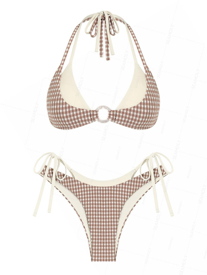 Seamolly Contrast Color Gingham O Ring Double Layer Bikini Set