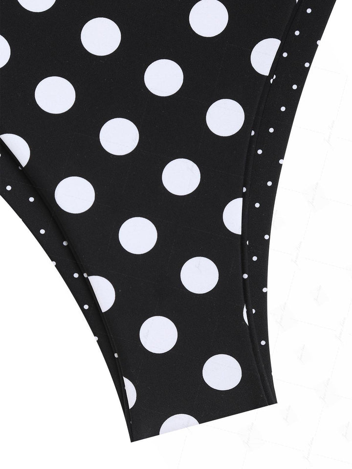 Black Polka Dot Print Halter Triangle Reversible Bikini Set
