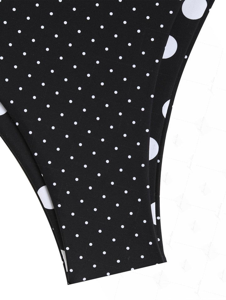 Black Polka Dot Print Halter Triangle Reversible Bikini Set