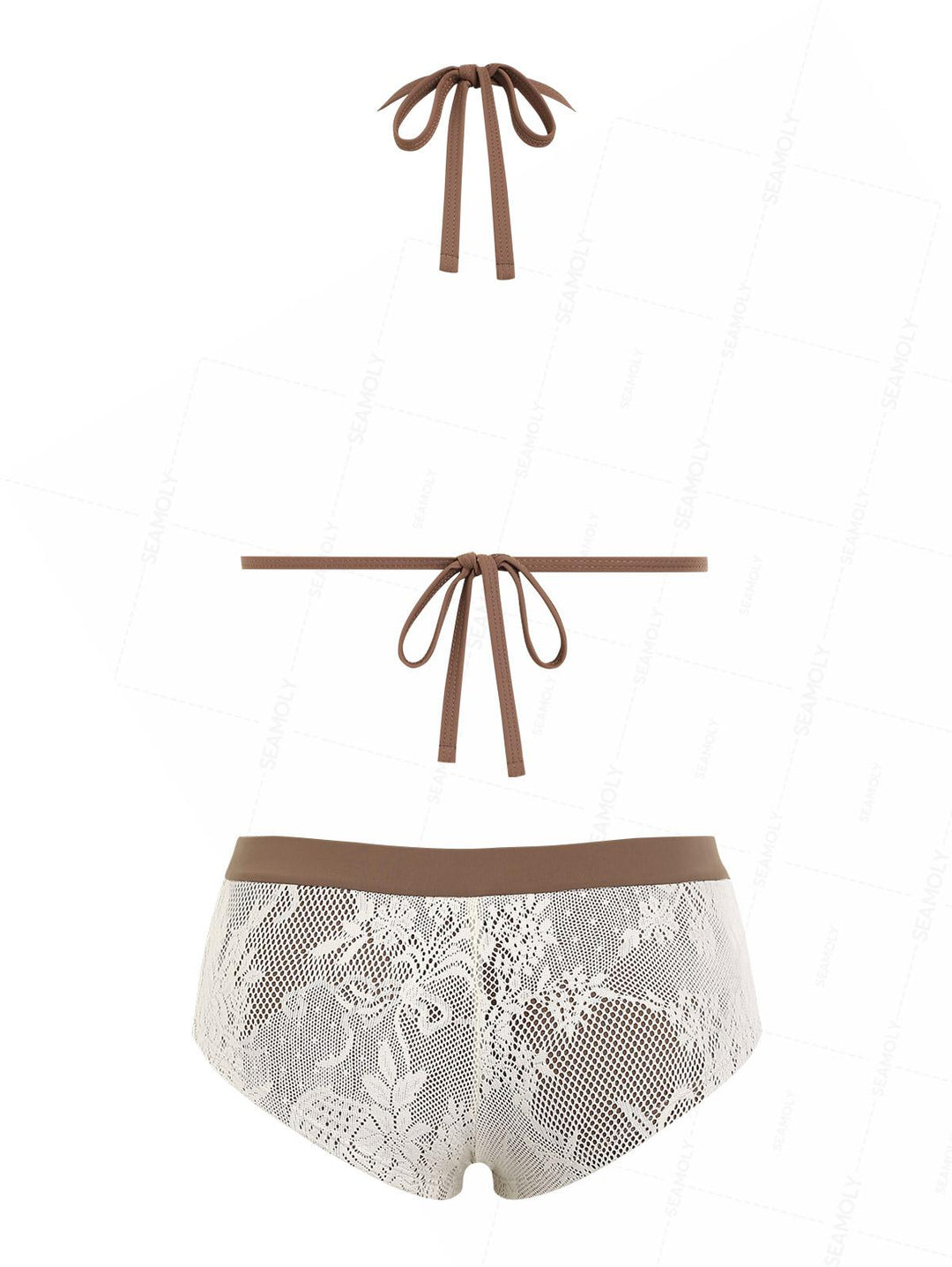 Seamolly Brown Contrast Binding Lace Shell Decor Cheeky Boyshorts Bikini Set