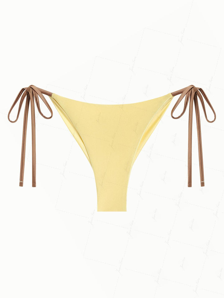 Light Yellow Satin Contrast Color String Cheeky Brazilian Bikini Bottom