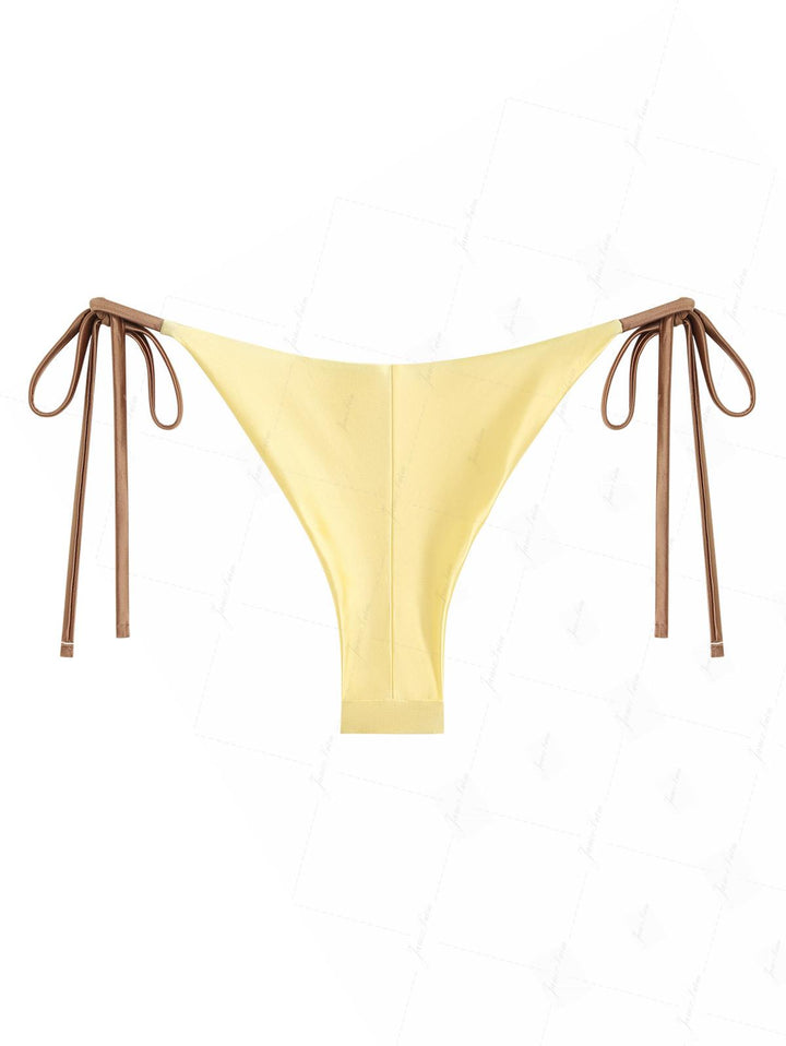 Light Yellow Satin Contrast Color String Cheeky Brazilian Bikini Bottom