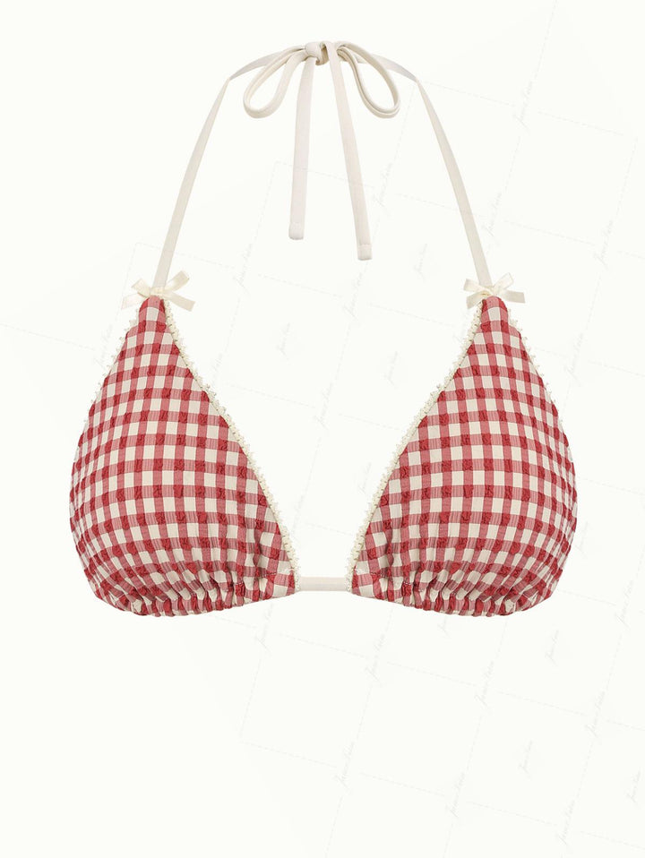 Pomegranate Red Gingham Lace Bowknot Halter Triangle Bikini Top