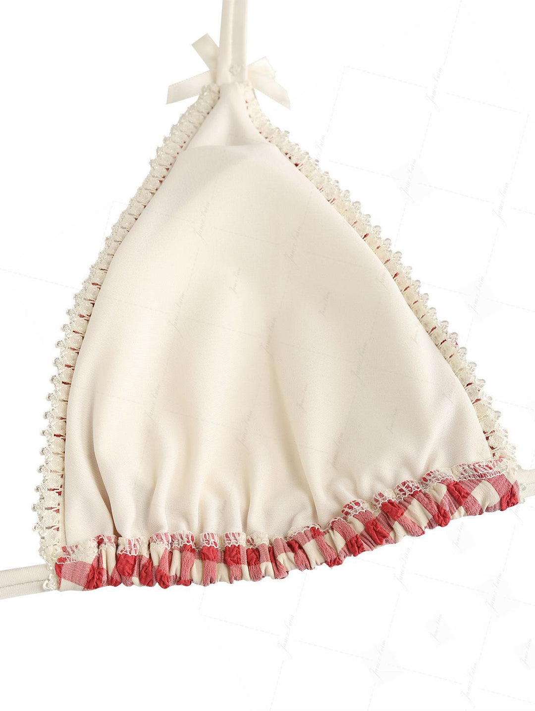Pomegranate Red Gingham Lace Bowknot Halter Triangle Bikini Top