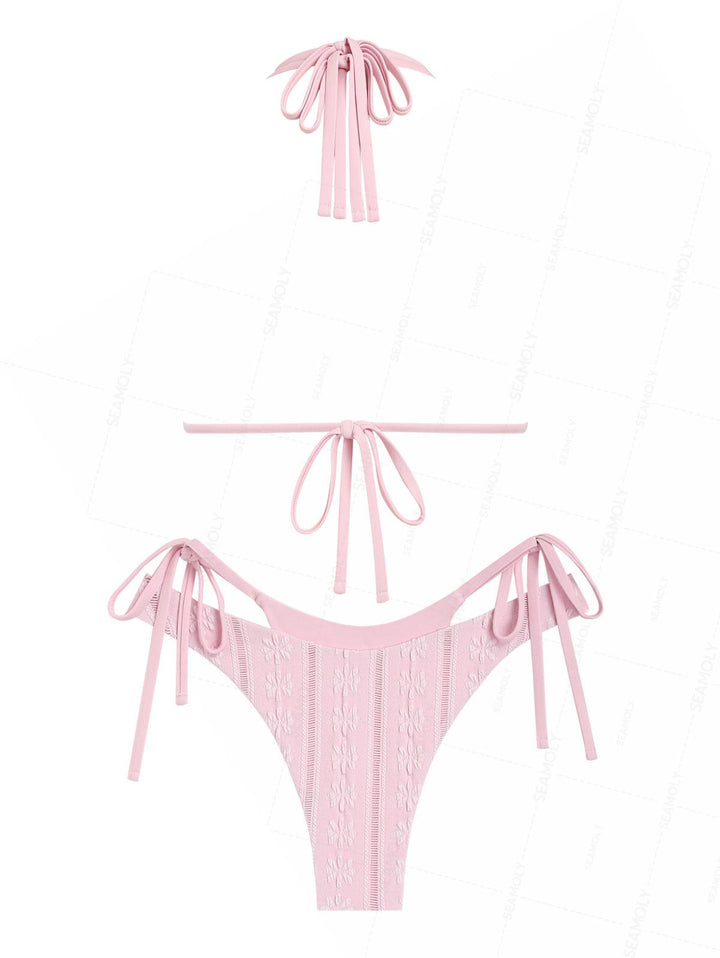 Seamolly Light Pink Floral Jacquard Textured O Ring Double Layer Bikini Set