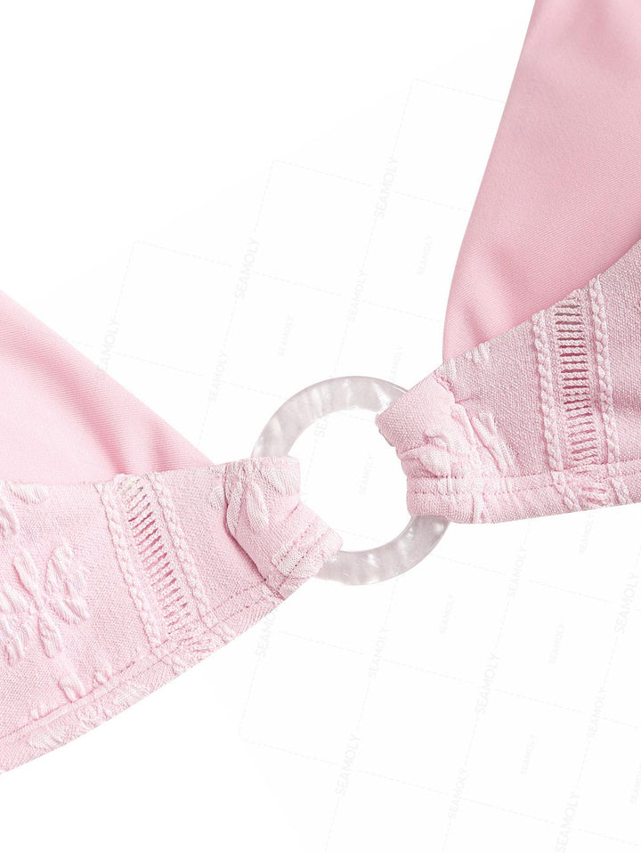 Seamolly Light Pink Floral Jacquard Textured O Ring Double Layer Bikini Set