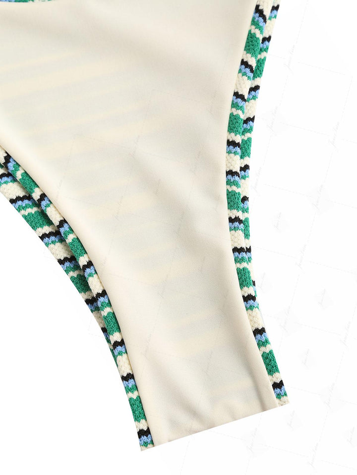 Green Knit Striped Textured Halter Triangle Bikini Set