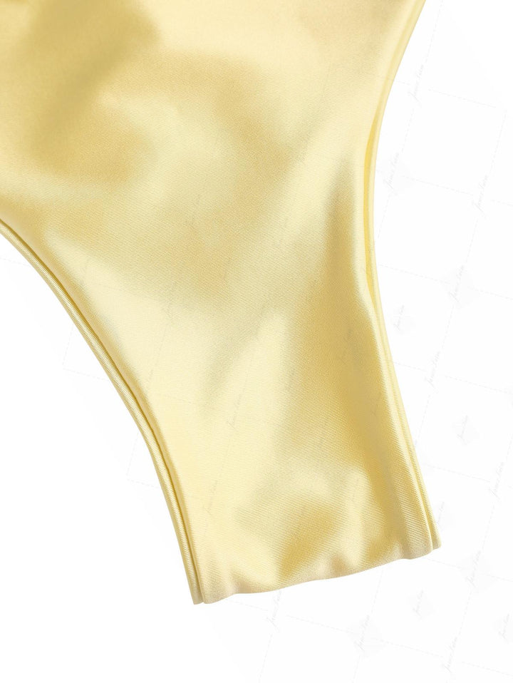 Light Yellow Satin Ruched Underwire Push Up Top & Cheeky Brazilian Bottom Bikini Set