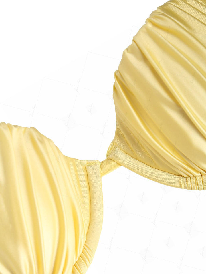 Light Yellow Satin Ruched Underwire Push Up Top & Cheeky Brazilian Bottom Bikini Set