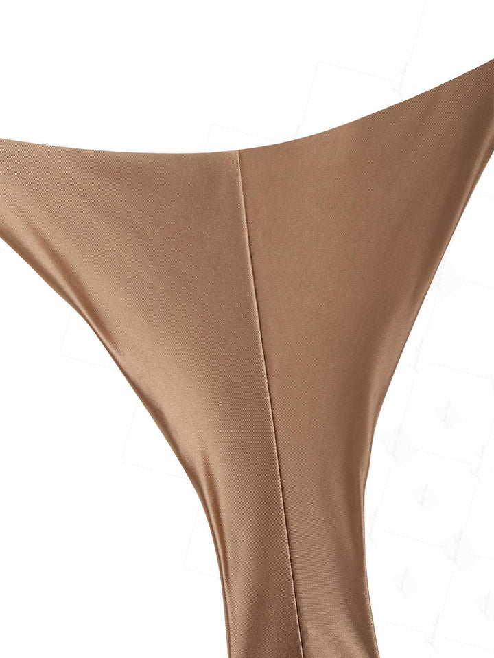 Coffee Satin Ruched Triangle Top & Cheeky Brazilian Bottom Bikini Set