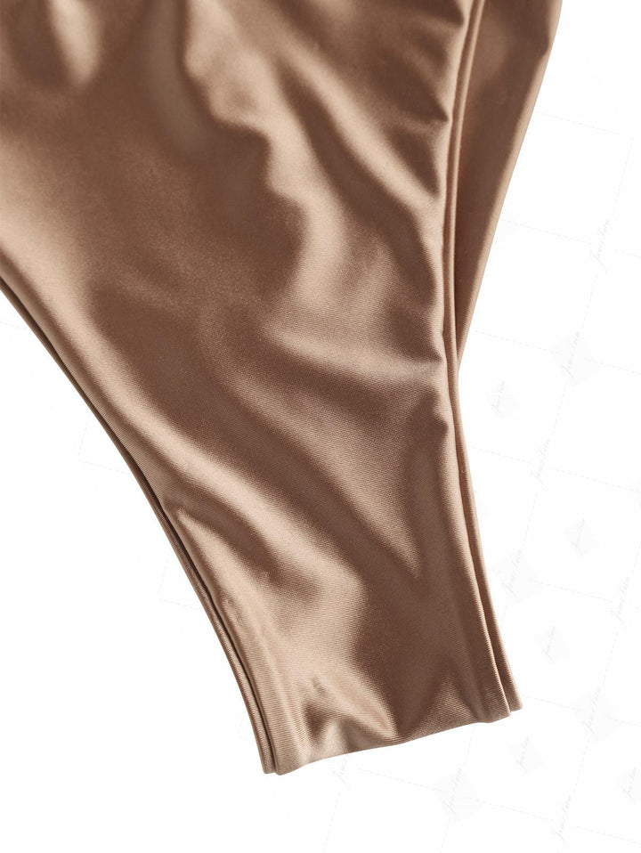 Coffee Satin Ruched Triangle Top & Cheeky Brazilian Bottom Bikini Set