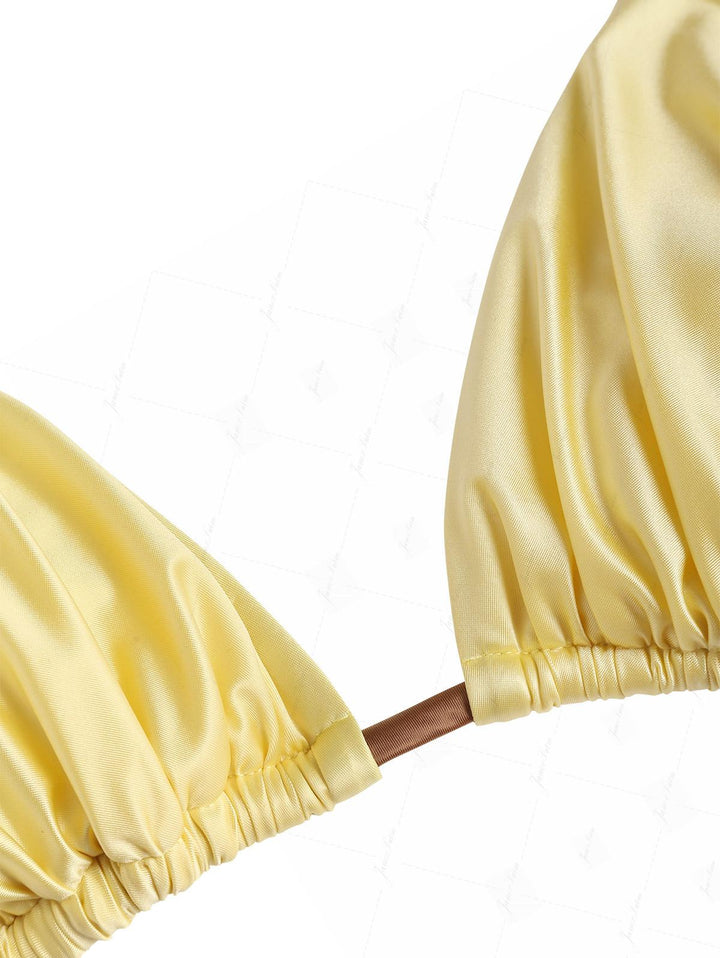 Light Yellow Satin Contrast Color Ruched Halter Triangle Bikini Top