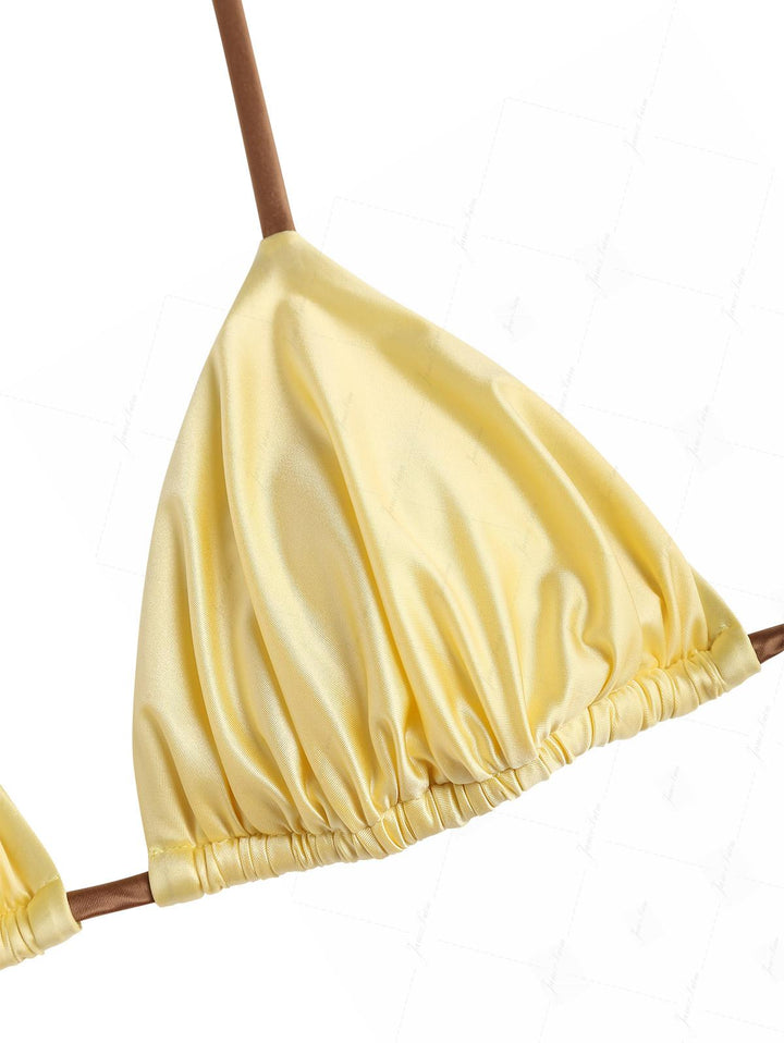 Light Yellow Satin Contrast Color Ruched Halter Triangle Bikini Top