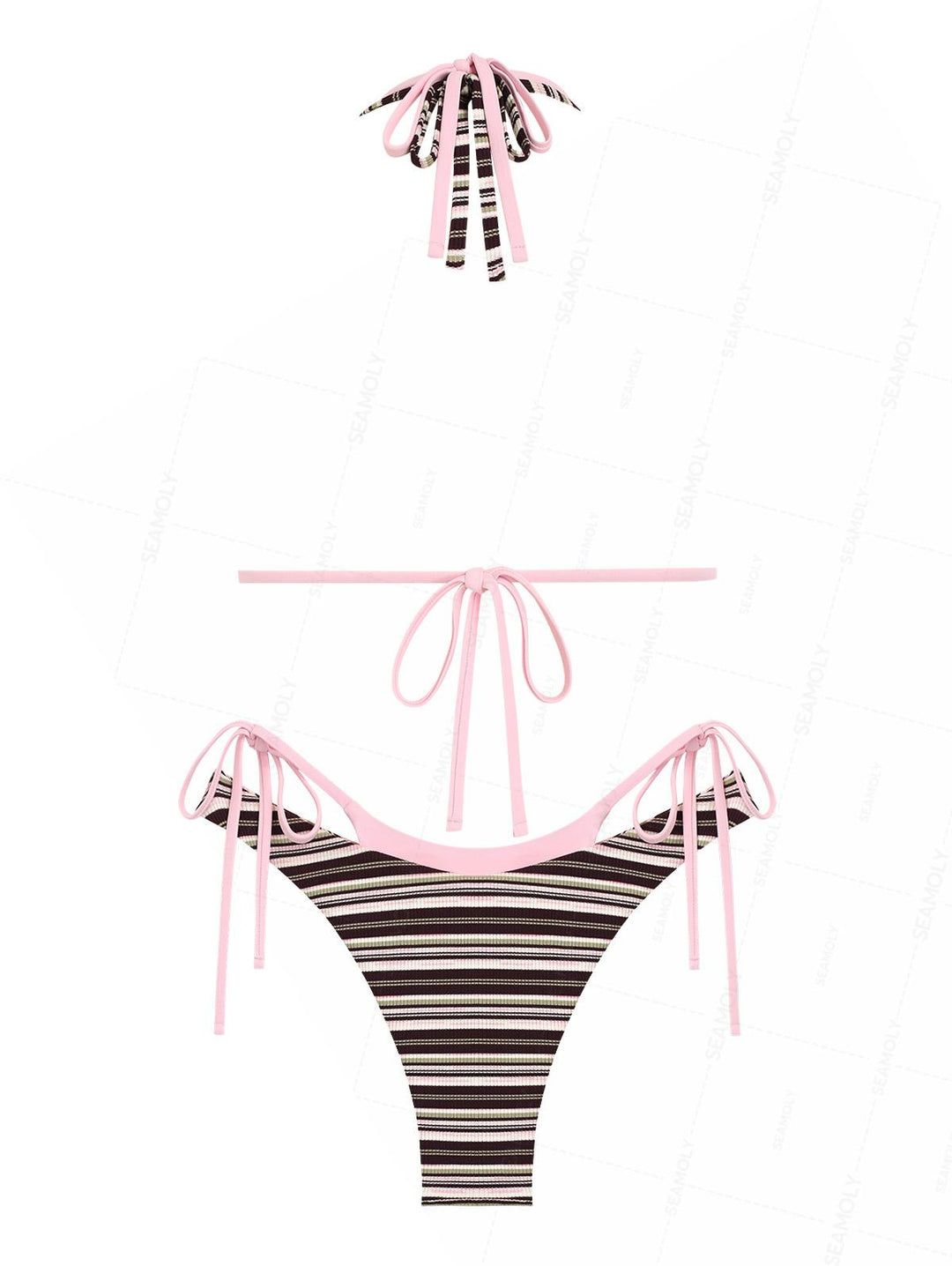 Seamolly Contrast Color Ribbed Striped O Ring Double Layer Bikini Set