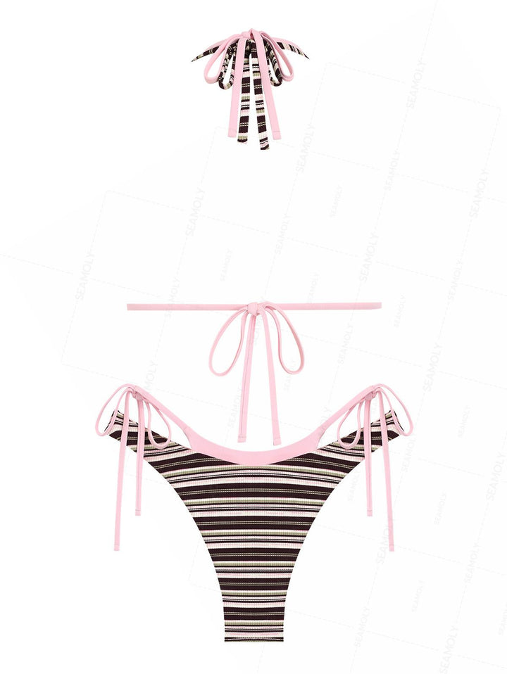 Seamolly Contrast Color Ribbed Striped O Ring Double Layer Bikini Set