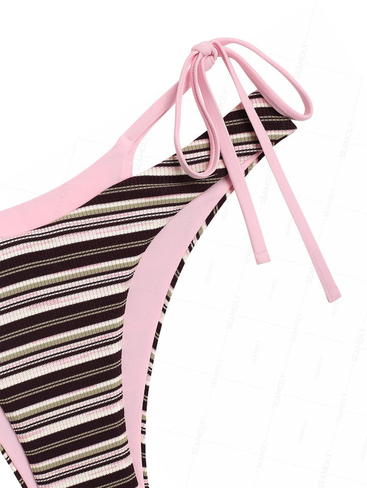 Seamolly Contrast Color Ribbed Striped O Ring Double Layer Bikini Set