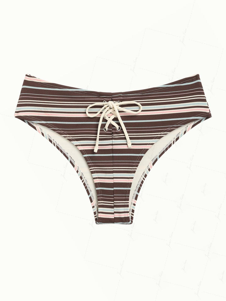 Deep Coffee Knit Striped Grommet Lace Up Half-Cover Bikini Bottom