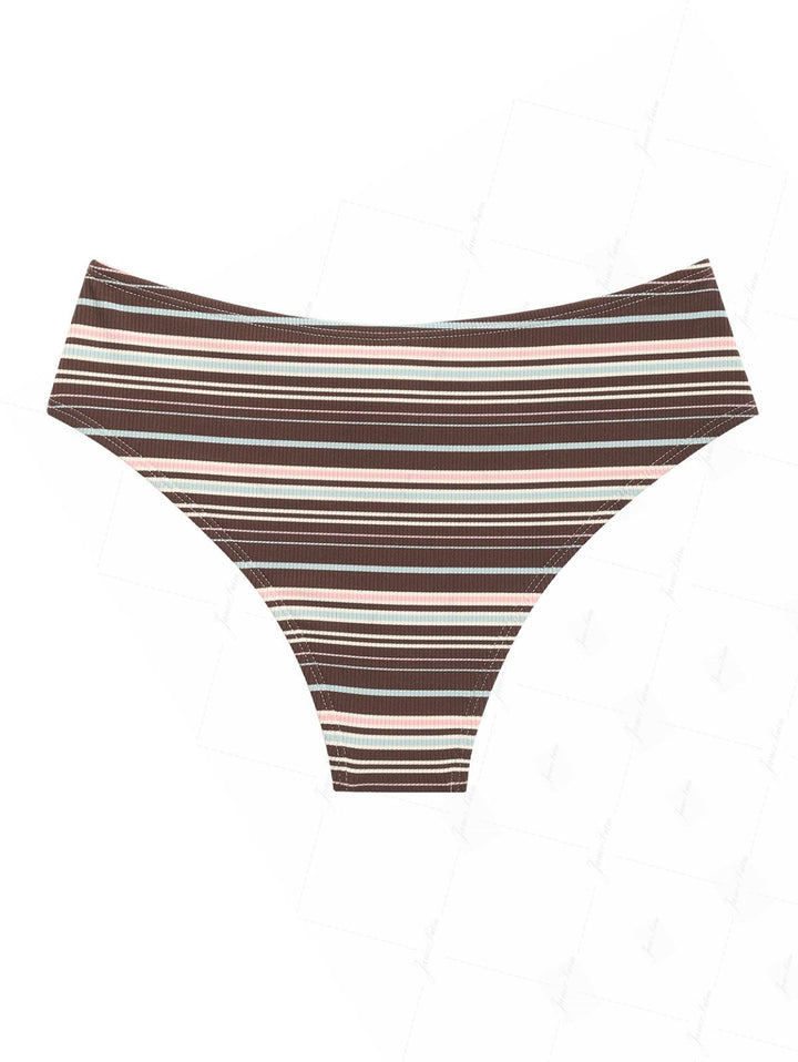 Deep Coffee Knit Striped Grommet Lace Up Half-Cover Bikini Bottom