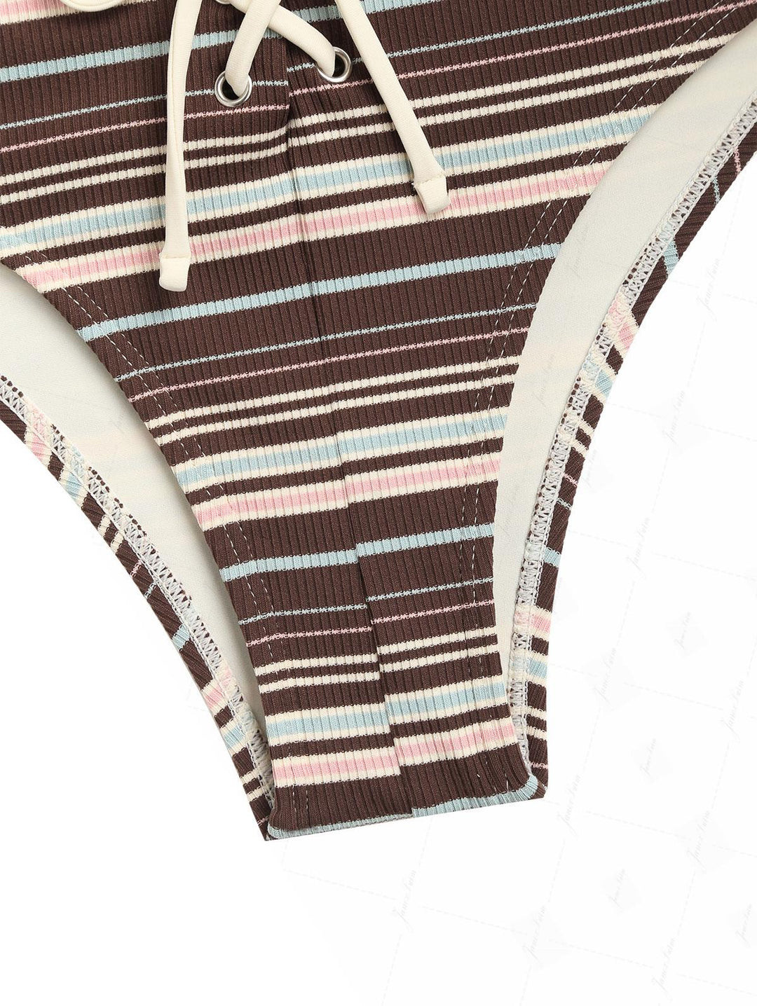 Deep Coffee Knit Striped Grommet Lace Up Half-Cover Bikini Bottom