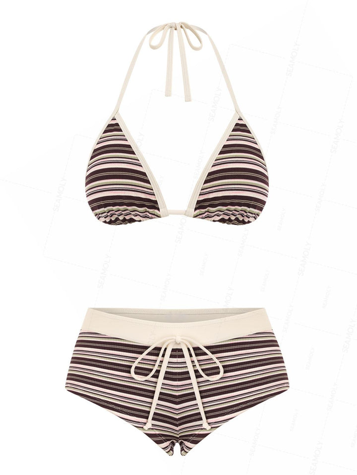 Seamolly Contrast Binding Ribbed Knit Striped Cheeky Boyshorts Bikini Set