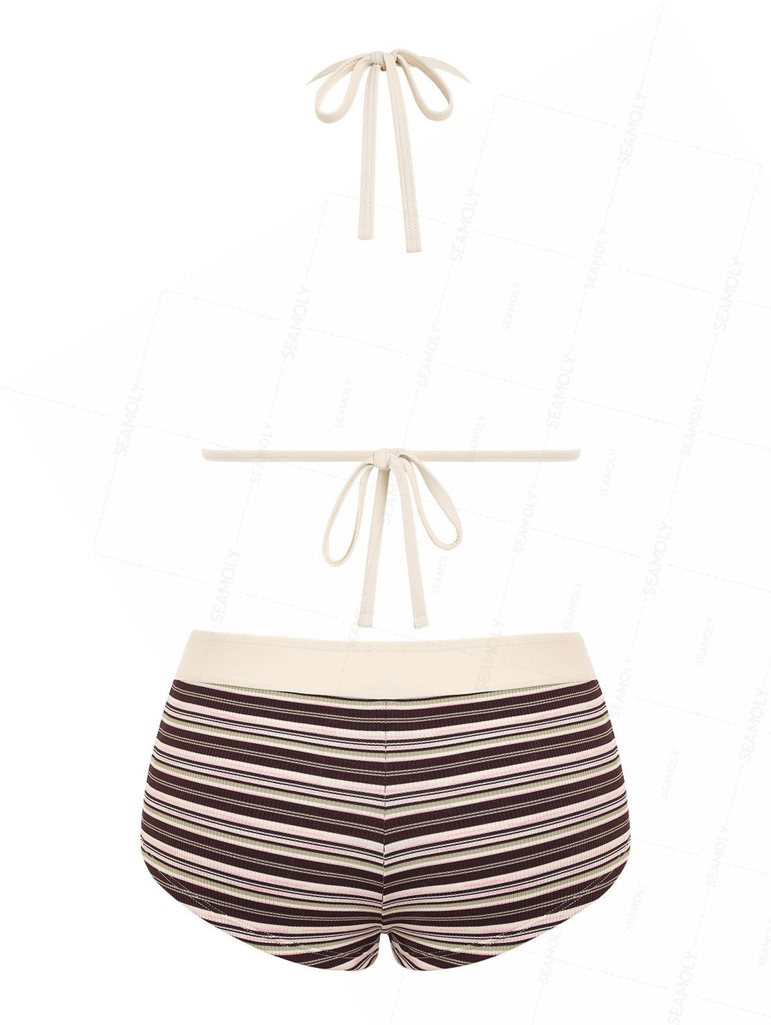 Seamolly Contrast Binding Ribbed Knit Striped Cheeky Boyshorts Bikini Set