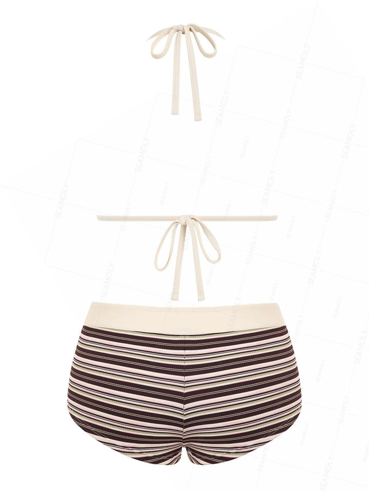 Seamolly Contrast Binding Ribbed Knit Striped Cheeky Boyshorts Bikini Set