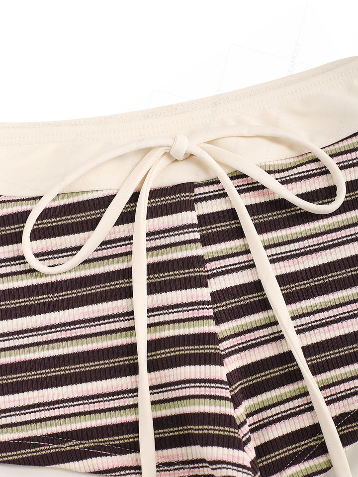 Seamolly Contrast Binding Ribbed Knit Striped Cheeky Boyshorts Bikini Set