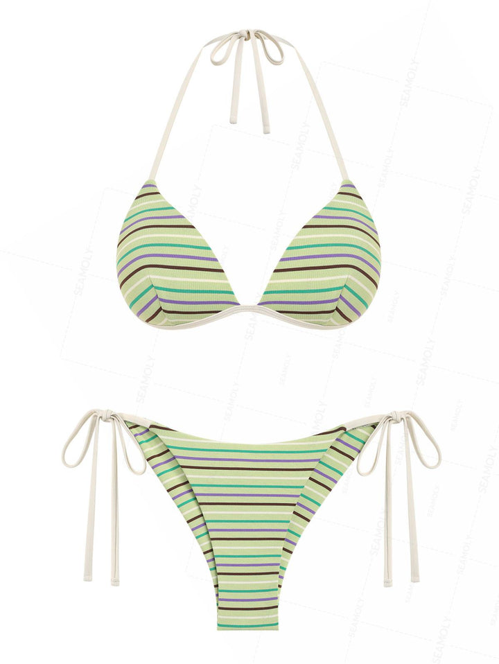 Seamolly Striped Triangle Push Up Top & Cheeky Brazilian Bottom Bikini Set