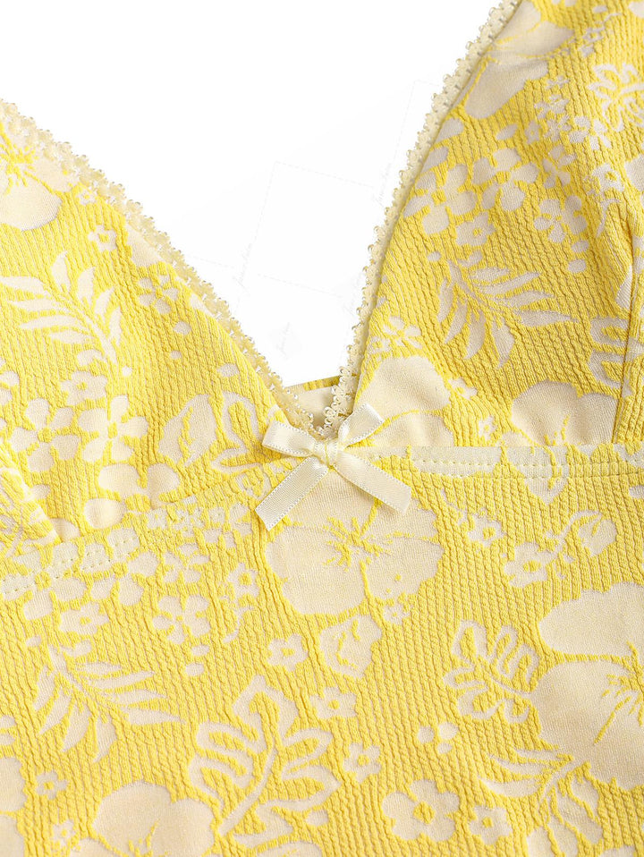 Yellow Recycled Fabric Jacquard Lace Bowknot Cheeky Boyshorts Tankini Set