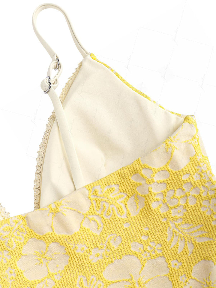 Yellow Recycled Fabric Jacquard Lace Bowknot Cheeky Boyshorts Tankini Set