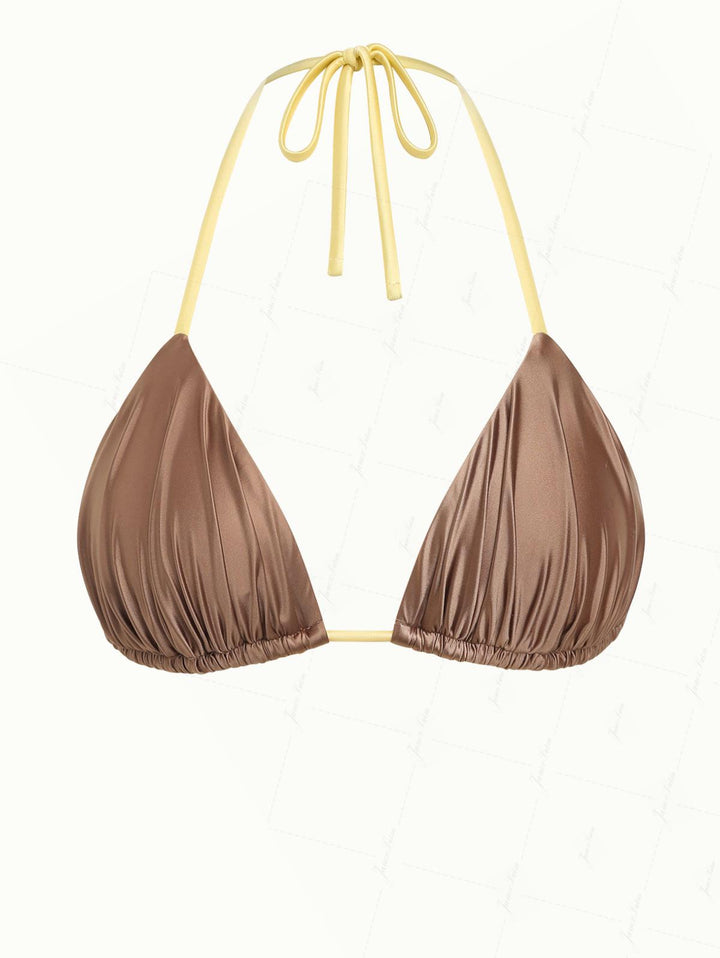 Coffee Satin Contrast Color Ruched Halter Triangle Bikini Top
